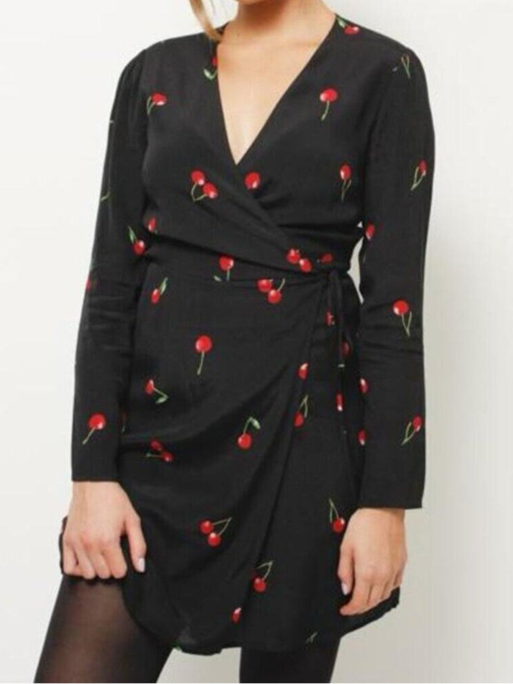 RAILS Lola Cerise Cherry Print Wrap Dress Long Sleeve Size Small
